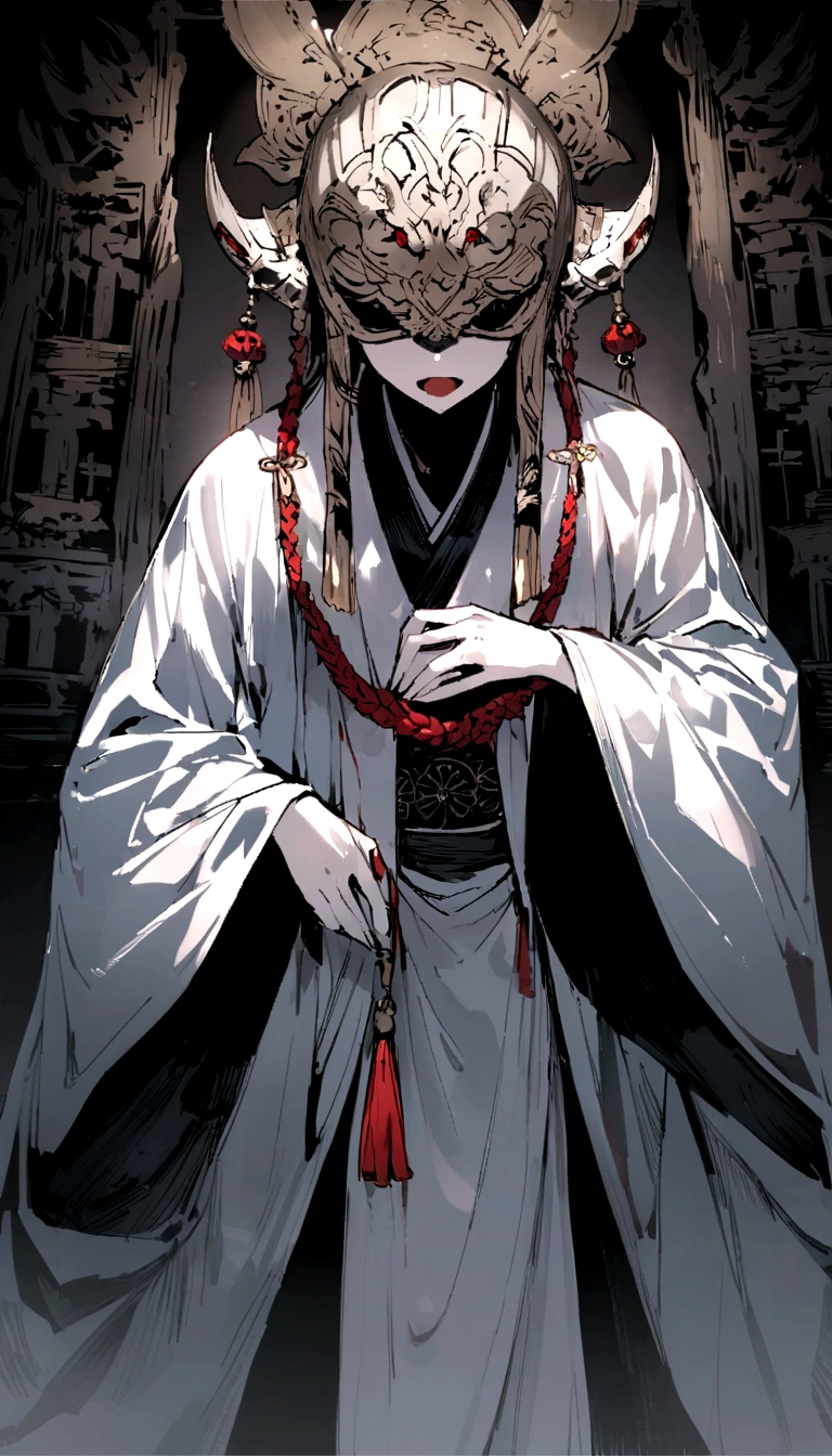 Japanese Yokai「Red Nyudo」Please draw。Red Nyudoは大きな赤い顔を持ち、He is very tall and wears a white cloth headgear like a monk's, covering his entire body except for his face.。It has sharp eyes and a big mouth.。Set an old temple and a dark forest in the background.、Red Nyudoが若い黒髪ロングの女性を驚かせるシーンを描写してください。Create a sense of fear throughout。
