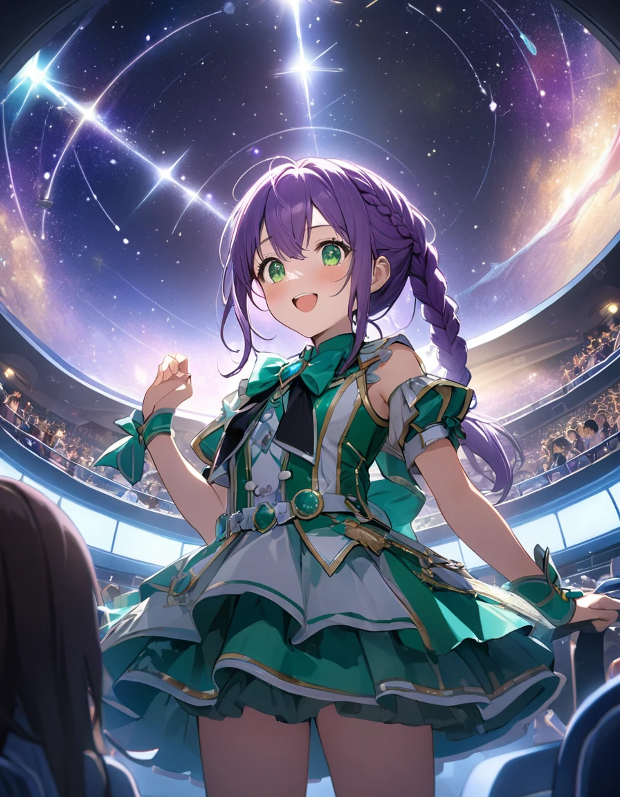 (8K, best quality, master piece: 1.2), super high resolution,1 idol,独奏,yo,ultra-detailed face,detailed eyes,green eyes, intelligent glasses,the girl is singing while standing in the center of the planetarium, where the seats are arranged in a circle<(((long fish-bone braid hair, pony-tail-style))), purple hair,happy, white and green idol costume,The costumes is decorated with black ribbons,Cowboy Shot,Stage Lighting,realistic and beautiful image of the inside of a planetarium, showcasing a dazzling display of stars and constellations on its dom,Dynamic Pose