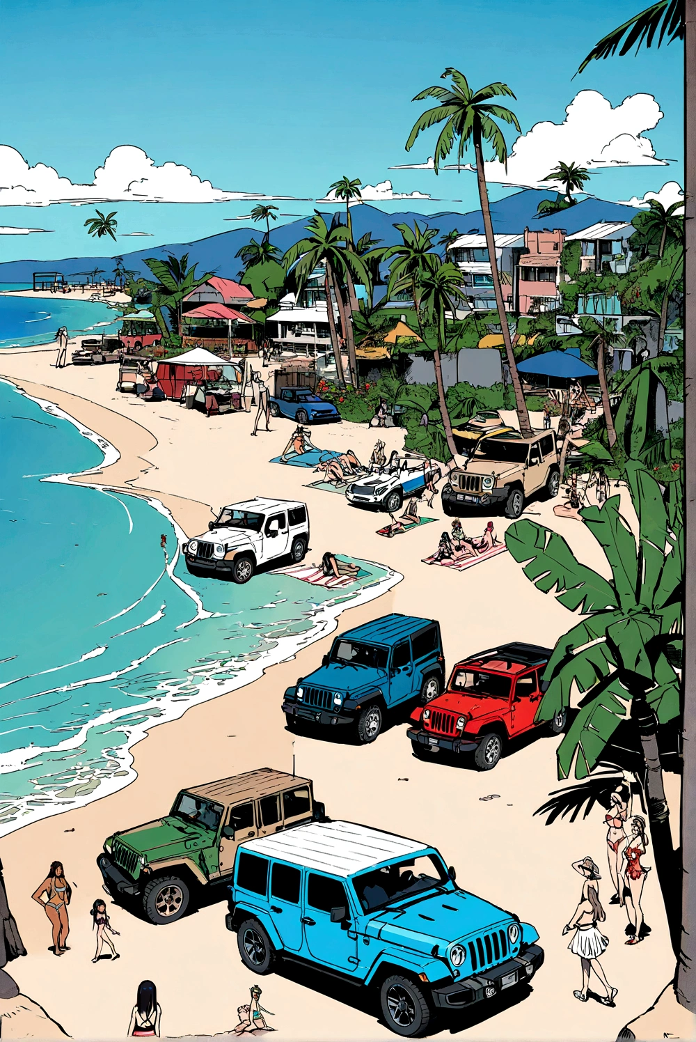 Above the upper half of the picture is a large expanse of blue sky, Jeep on the beach, Palm tree,5 colors, Beach，Hawaiian style，Summer style，A small number of bikini beauties，The proportions of the characters and the car are moderate