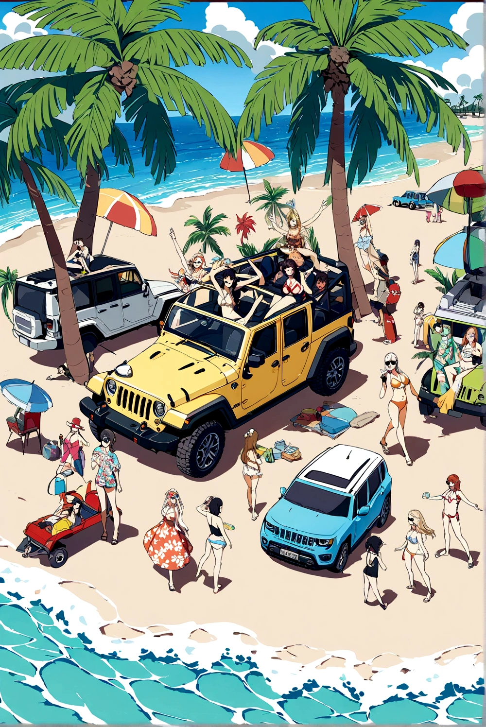 Above the upper half of the picture is a large expanse of blue sky, Jeep on the beach, Palm tree,5 colors, Beach,Hawaiian style,Summer style,A small number of bikini beauties,The proportions of the characters and the car are moderate
