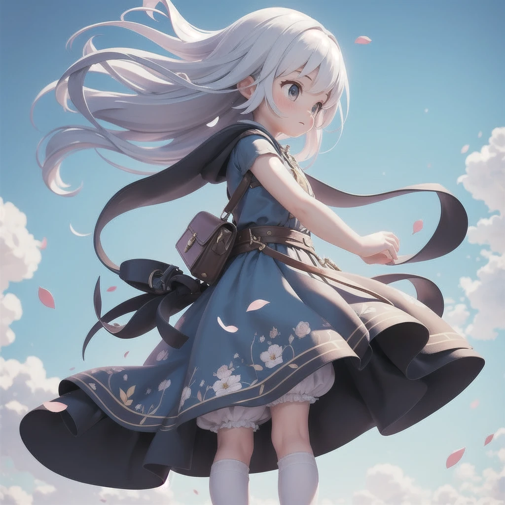 girl 、Medieval dress with panniers、Fabric Realism、Low Angle、wear bloomers、You can see the drawer、Pull up the hem of your dress with your hands、Strong winds、blue sky