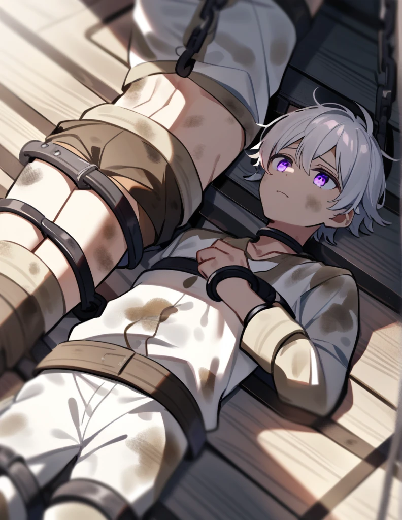 small Greek boy with white hair, violet eyes, with dirty clothes, chained to the bottom of a ship, and lying on the ground