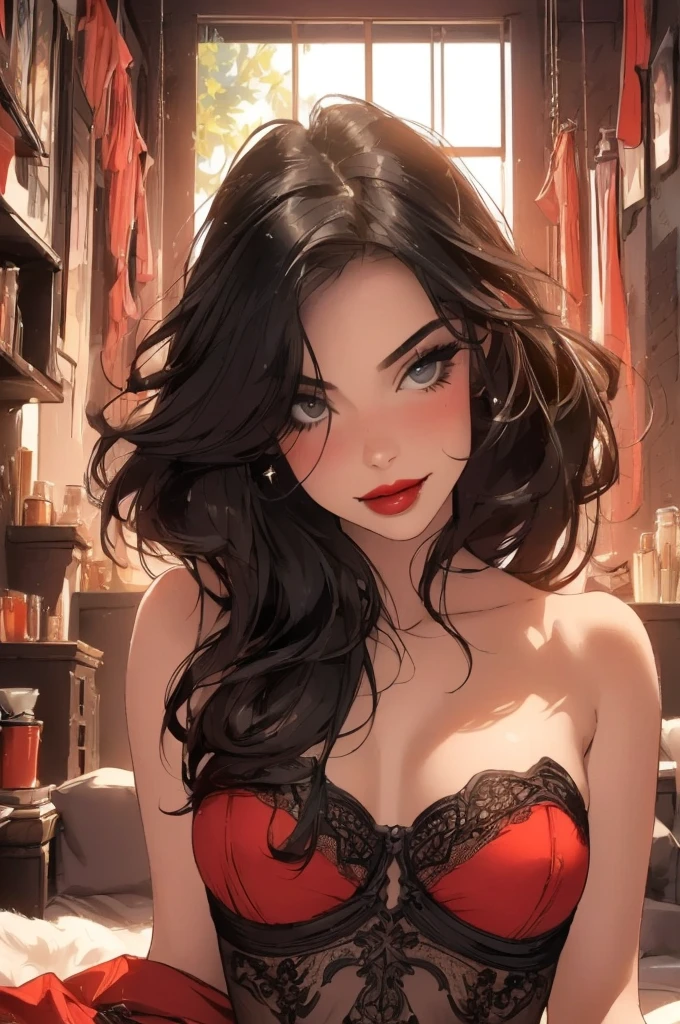 1girl,a beautiful fashion model ,(masterpiece, detailed background, best quality), shoulder length and shiny hair, black hair,smirk,juicy lips,red lips, lingerie, , elegant makeup, exhibitionism, influencer, thot, (((pov, missionary, sexual, sex, man having sex with girl))) full body, body shot,