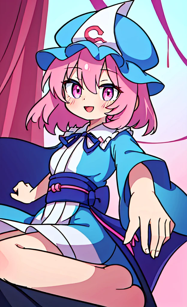 masterpiece,Highest quality,1 Girl,alone,Pokémon-like art style,(bold:1.6),(flat:1.5), SAIGYOUJI_bend down_TOUHOU
PINK_HAIR, triangular_HEADPIECE, HAT, SHORT_HAIR, PINK_eyes, pain_cape, blue_HEADWEAR, bangs, SMILE, HAIR_BETWEEN_eyes, SASH, BREASTS, RIBBON, loli, age down, Japanese-style room