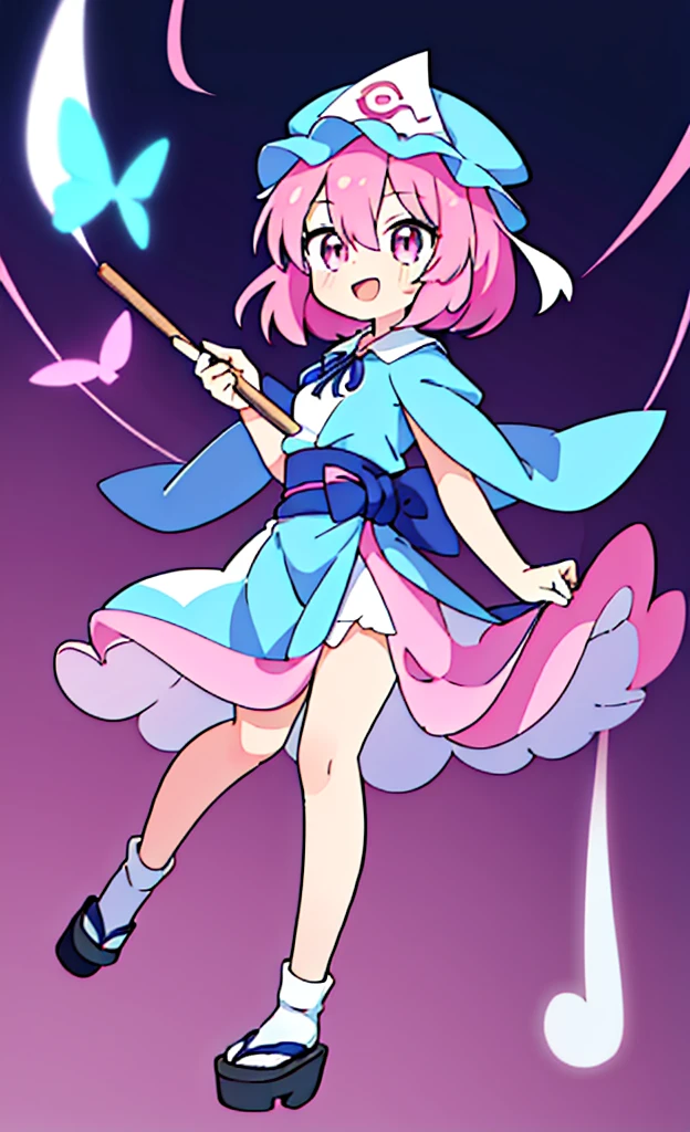 masterpiece,Highest quality,1 Girl,alone,Pokémon-like art style,(bold:1.6),(flat:1.5), SAIGYOUJI_bend down_TOUHOU
PINK_HAIR, triangular_HEADPIECE, HAT, SHORT_HAIR, PINK_eyes, pain_cape, blue_HEADWEAR, bangs, SMILE, HAIR_BETWEEN_eyes, SASH, BREASTS, RIBBON, loli, age down, Japanese-style room