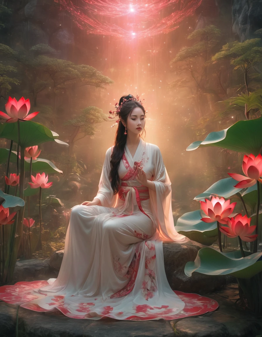 Full-body photo of a courtesan in lotus position,Praying with palms together、Anatomically correct,born, Cinematic shots, (Sharp focus:1.5), (Realistic:1.4), dusk lighting, Volumetric lighting, Ultra-high resolution, 16K,Dramatic lighting, Abstract background:1.5)(Tangleた,Datura stramonium,Holding a heart light in your hand、Tangle,Intertwined:0.7)witch,Red kimono, Foxfire spells, conversion, Depth of written boundary, A fantastic atmosphere, The most beautiful form of chaos, Elegance, Fauvist Design Dark Theme, flowers of death, flowers of ecstasy,Glowing Lines,Glow Example,Tracking example,flash, Backlight,translucent,Particles of light,hill,exit