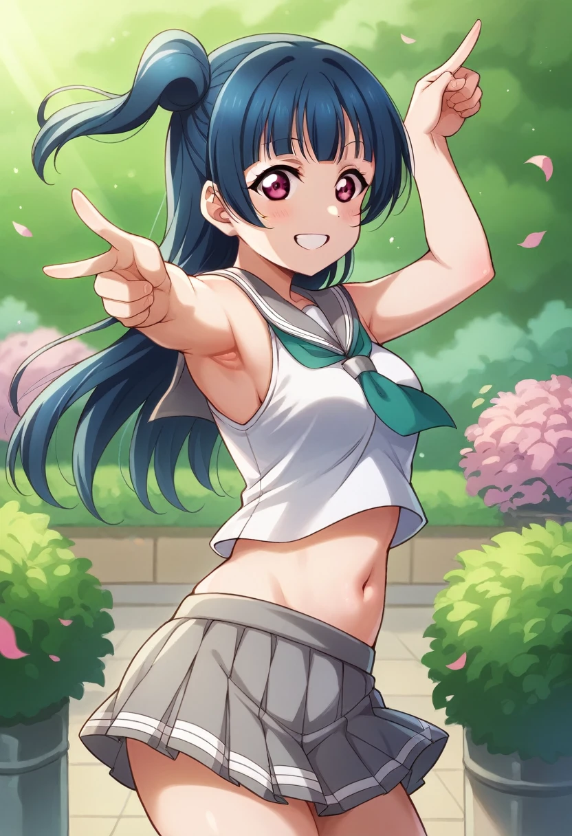 Yoshiko Tsushima love live,serafuku, gray mini skirt, slightly from side, armpits,wind  ,navel, breasts, smile , standing, sleeveless , looking at viewer,garden,one side up,arms down, pointing to views , cute ، exposed thighs 