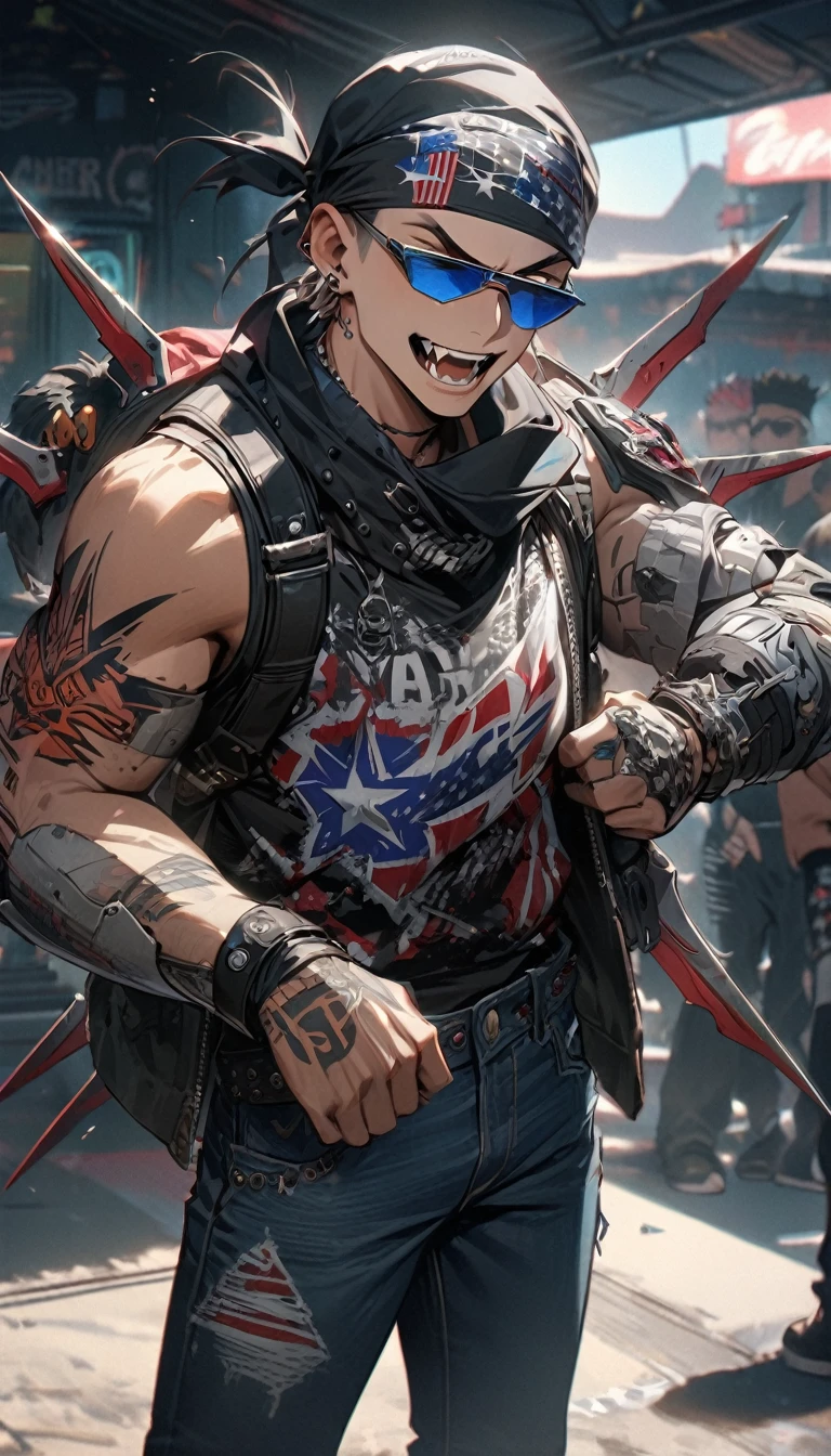 Adult man, punk guy, cyber sunglasses, fangs, amirk, American print on bandana, cyber arms with blades, cyber torso, jeans, Masterpiece, best quality, Full HD, 8k, ultra details, great graphic