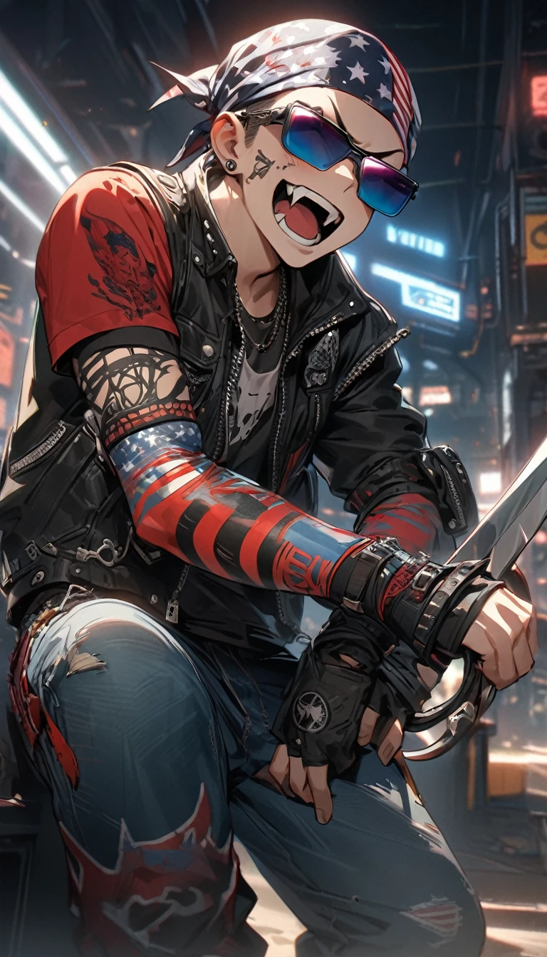 Adult man, punk guy, cyber sunglasses, fangs, amirk, American print on bandana, cyber arms with blades, cyber torso, jeans, Masterpiece, best quality, Full HD, 8k, ultra details, great graphic