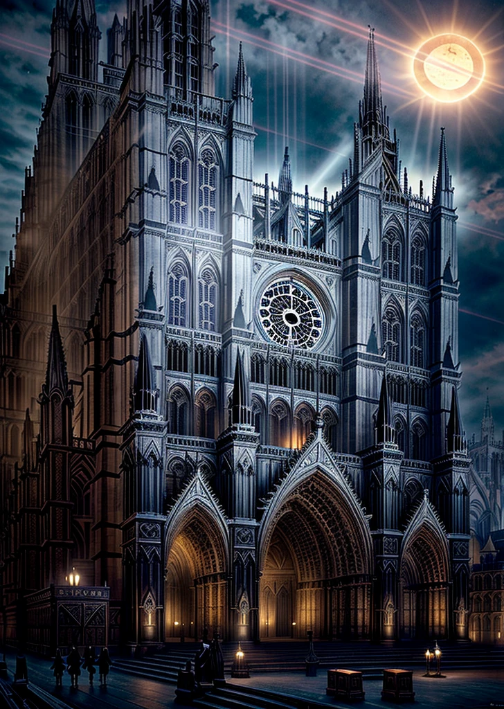 arafed image of a large cathedral with a clock tower, neo-gothic concept, anor londo, gothic epic library concept, gothic cathedral, inspiring gothic architecture, gothic architecture, gothic epic library, scary gothic architecture, gothic-futurist architecture, cathedral, gothic building style, inspired by Raphael Lacoste, Gothic art, blue sky, sunset time, realistic, looks very divine, fanciful, depth of field, cinematic lighting, masterpiece, best quality, high quality, high details,