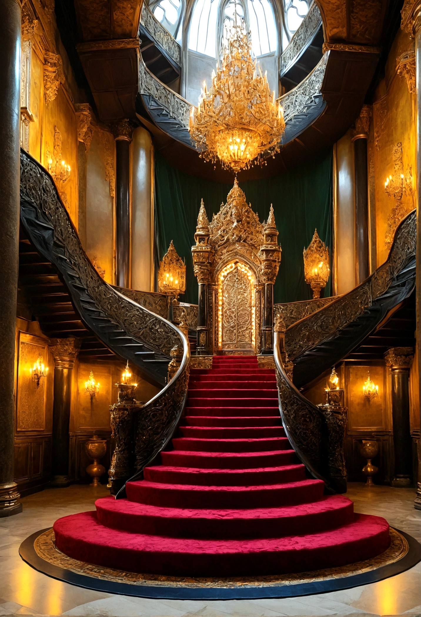 The majestic throne of the queen,Tall and spacious,Stairs