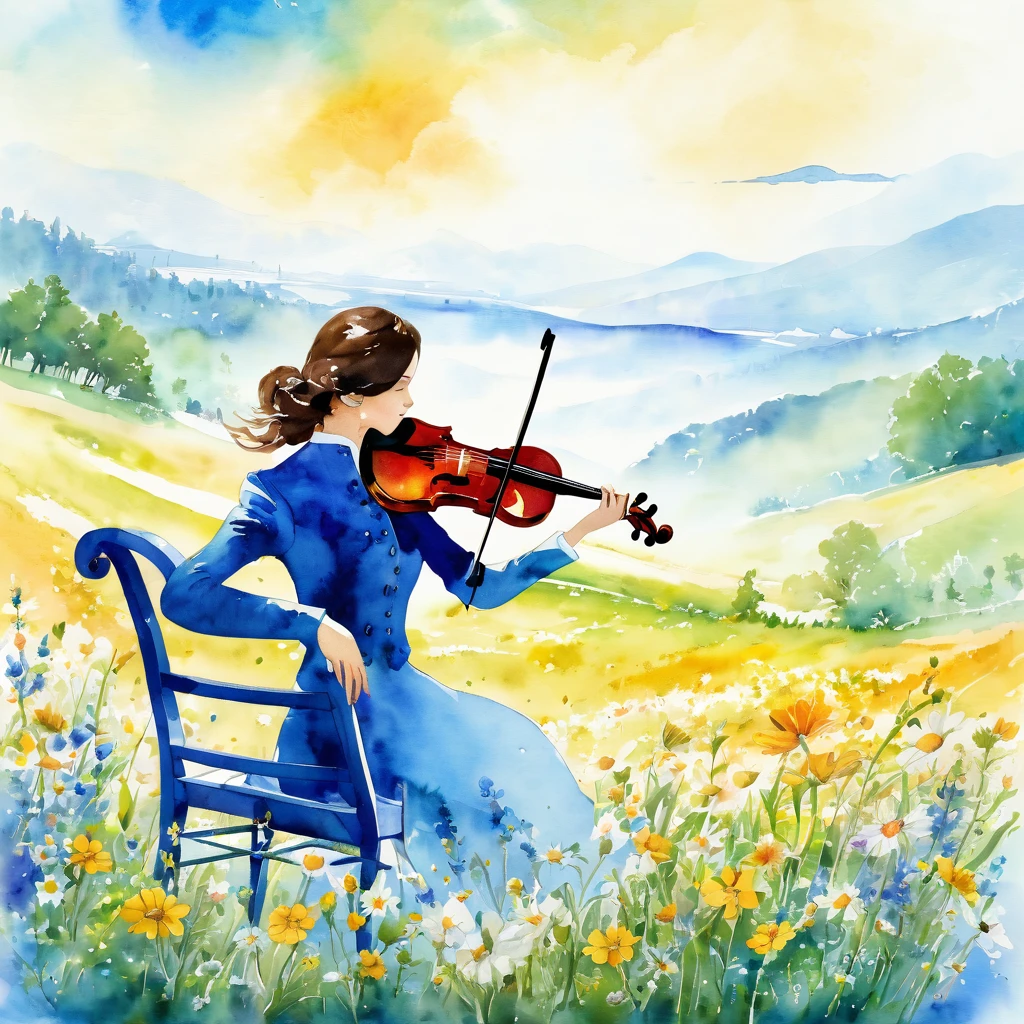 work of art、A meadow full of flowers, blue sky,violin,Please create a watercolor-style depiction of aviolin from a side angle, excluding any representation of a chair, with ample whitespace surrounding the entire violin to ensure a more complete composition.