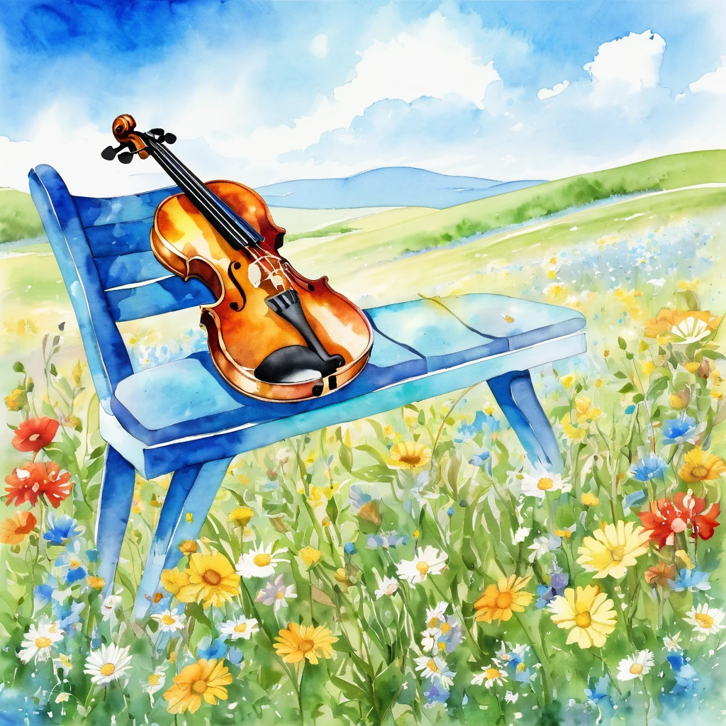 work of art、A meadow full of flowers, blue sky,violin,Please create a watercolor-style depiction of aviolin from a side angle, excluding any representation of a chair, with ample whitespace surrounding the entire violin to ensure a more complete composition.