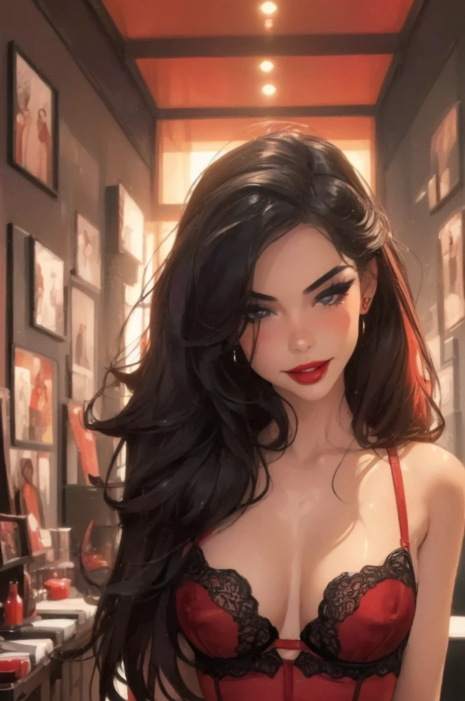 1girl,a beautiful fashion model ,(masterpiece, detailed background, best quality), shoulder length and shiny hair, black hair,smirk,juicy lips,red lips, lingerie, , elegant makeup, exhibitionism, influencer, thot, (((pov, missionary, sexual, sex, man having sex with girl))) full body, body shot,