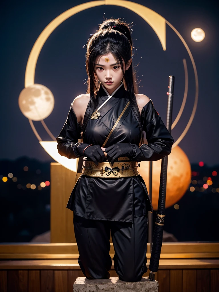 Ninja girl, ninja costume, samurai sword on the back of a statue, golden moon, dark sky.