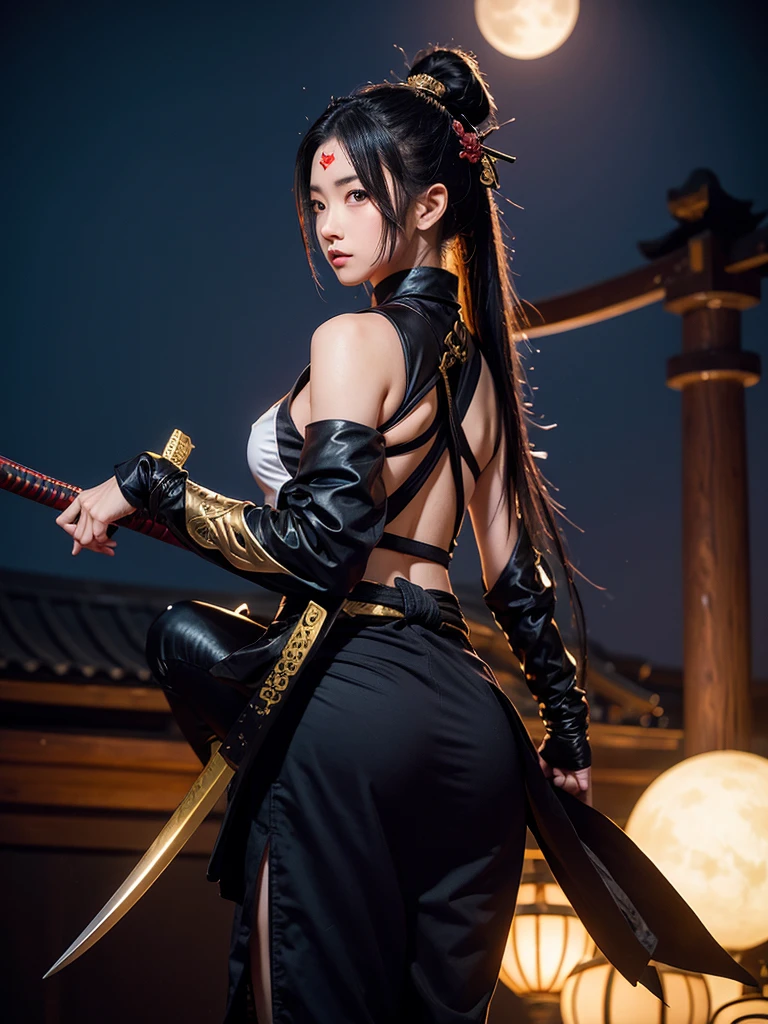 Ninja girl, ninja costume, samurai sword on the back of a statue, golden moon, dark sky.