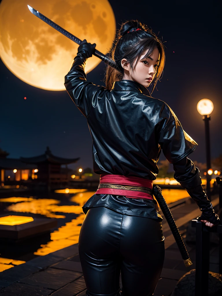 Ninja girl, ninja costume, samurai sword on the back of a statue, golden moon, dark sky.