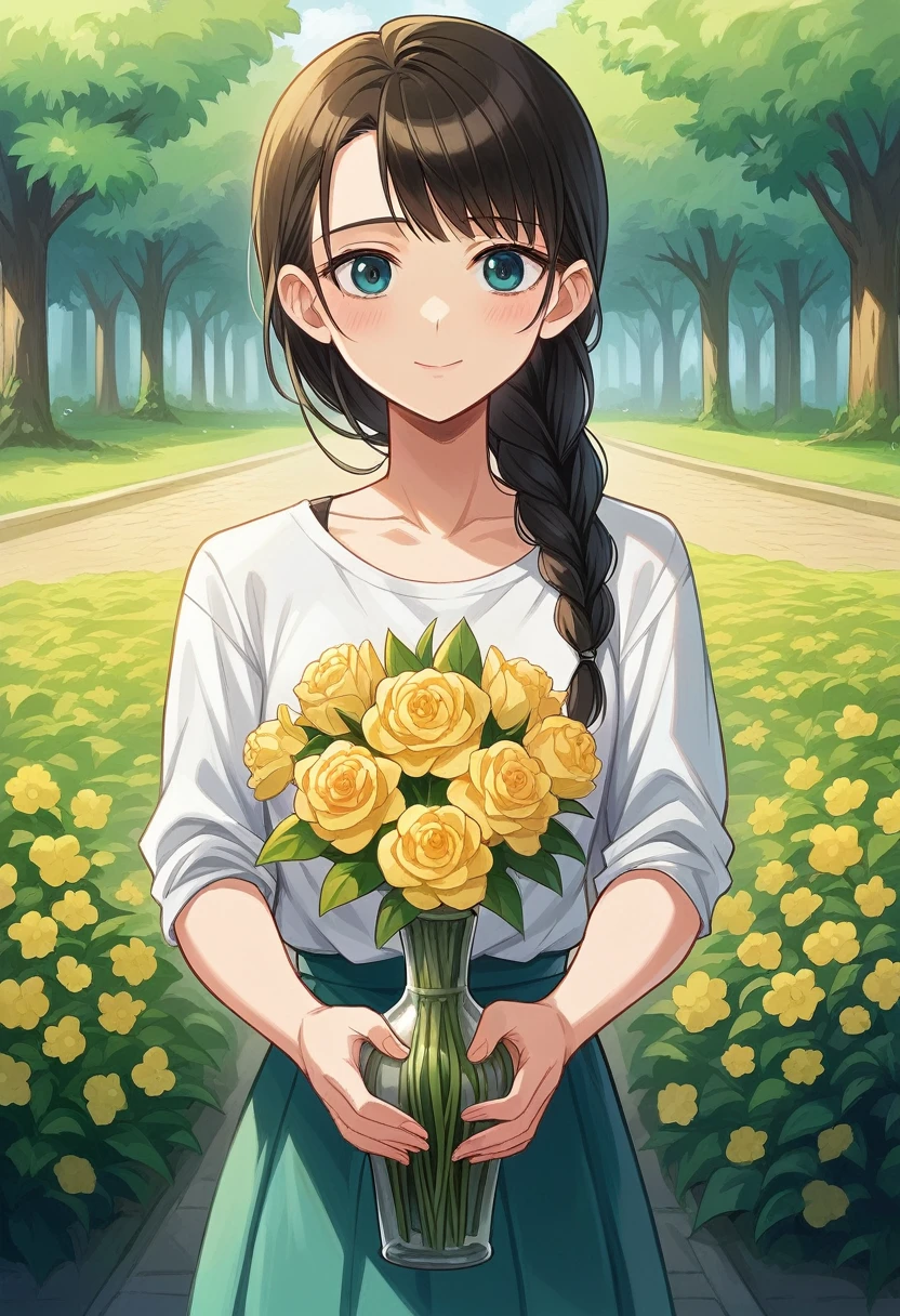 a close up of a woman holding a vase of flowers, with flowers, magazine photo, by Ayami Kojima, official artwork, jinyoung shin, with frozen flowers around her, by Ni Tian, dilraba dilmurat, jaeyeon nam, cynthwave, hwang se - on, mackenzie foy, by Zhang Han, park ji-min, by Jin Nong