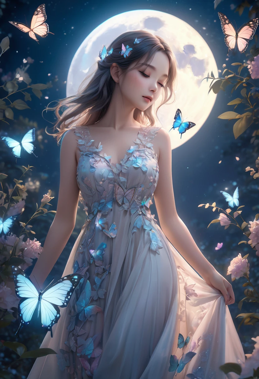 a beautiful girl, butterflies around her, night time, moonlight, intricate butterfly details, delicate dress, elegant pose, serene expression, cinematic lighting, ethereal atmosphere, soft pastel colors, ambient moon glow, photorealistic, highly detailed, masterpiece, 8k