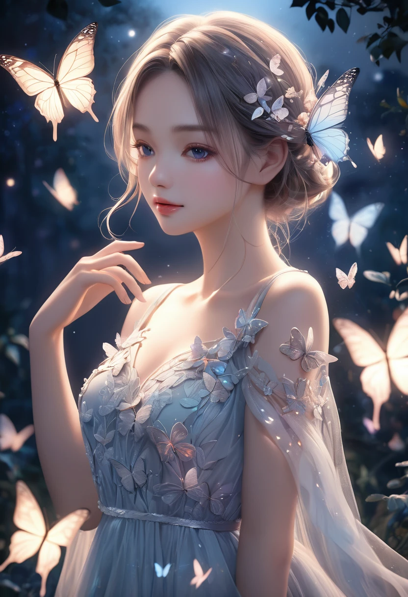 a beautiful girl, butterflies around her, night time, moonlight, intricate butterfly details, delicate dress, elegant pose, serene expression, cinematic lighting, ethereal atmosphere, soft pastel colors, ambient moon glow, photorealistic, highly detailed, masterpiece, 8k