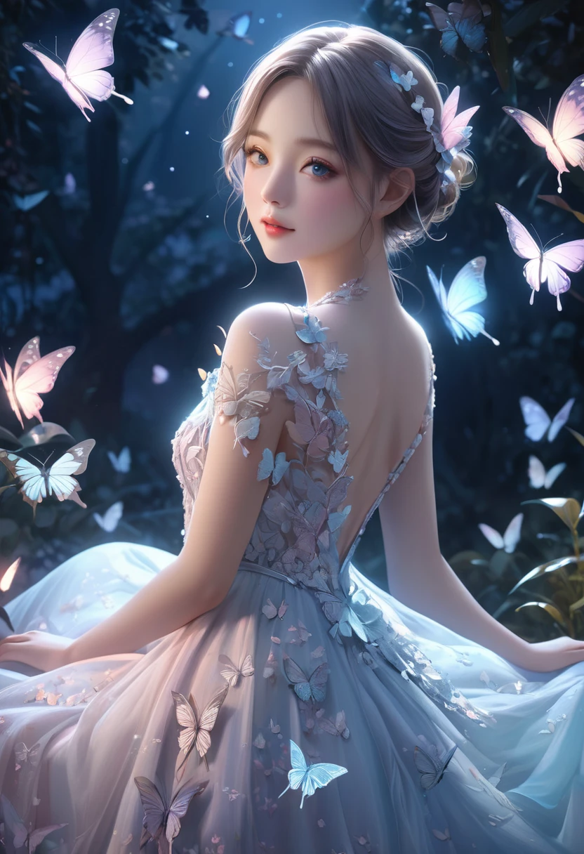a beautiful girl, butterflies around her, night time, moonlight, intricate butterfly details, delicate dress, elegant pose, serene expression, cinematic lighting, ethereal atmosphere, soft pastel colors, ambient moon glow, photorealistic, highly detailed, masterpiece, 8k