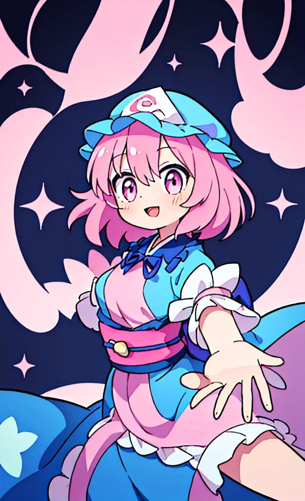 masterpiece,Highest quality,1 Girl,alone,Pokémon-like art style,(bold:1.6),(flat:1.5), SAIGYOUJI_bend down_TOUHOU
PINK_HAIR, triangular_HEADPIECE, HAT, SHORT_HAIR, PINK_eyes, pain_cape, blue_HEADWEAR, bangs, SMILE, HAIR_BETWEEN_eyes, SASH, BREASTS, RIBBON, loli, age down, Japanese-style room