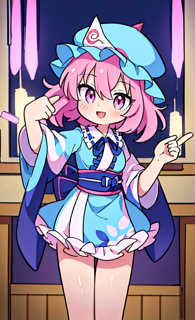 masterpiece,Highest quality,1 Girl,alone,Pokémon-like art style,(bold:1.6),(flat:1.5), SAIGYOUJI_bend down_TOUHOU
PINK_HAIR, triangular_HEADPIECE, HAT, SHORT_HAIR, PINK_eyes, pain_cape, blue_HEADWEAR, bangs, SMILE, HAIR_BETWEEN_eyes, SASH, BREASTS, RIBBON, loli, age down, Japanese-style room