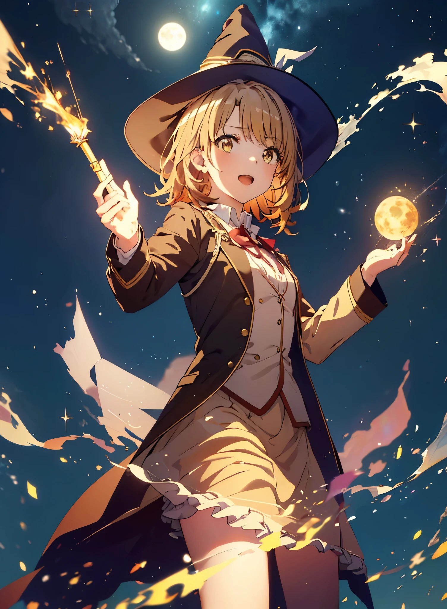 Irohaisshiki, isshiki iroha, short hair, Brown Hair, (Brown eyes:1.5), smile,((Night Sky)),((Big full moon)),((Sparkling and colorful stars)),Fluffy hair,((Idol style costume with soft volume)),Long skirt,Pointed shoes,((gorgeous wizard hat)),((witch)),(magic wand with a jewel on the tip),whole bodyがイラストの中に入っていくように,Explosive Flame,
break outdoors, forest,forest
break looking at viewer,whole body,
break (masterpiece:1.2), Highest quality, High resolution, unity 8k wallpaper, (shape:0.8), (Narrow and beautiful eyes:1.6), Highly detailed face, Perfect lighting, Extremely detailed CG, (Perfect hands, Perfect Anatomy),