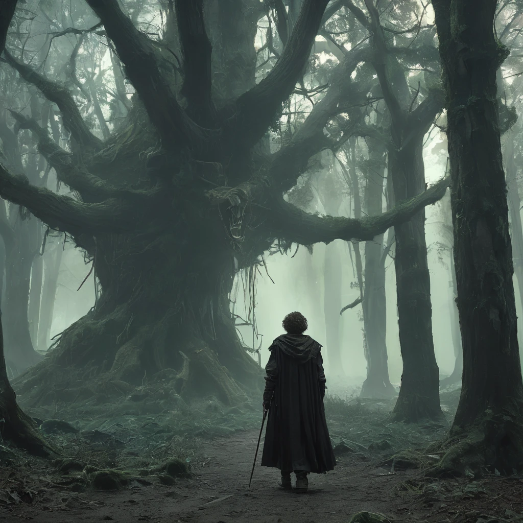 In the shadowed depths of the ancient forest, a teenage boy with short, curly brown hair stands with his back to us. Clad in a simple black medieval farmer's outfit, he seems out of place amidst the towering, twisted trees and the eerie, almost palpable darkness that envelopes the forest. His posture is tense yet determined, hinting at a resolve forged from hardship and survival. The dim light filtering through the dense canopy casts a ghostly glow on the path ahead, where unseen dangers and untold mysteries lie in wait. As he prepares to take his first step into the unknown, the air is thick with the whispers of ancient secrets and the promise of dark adventures yet to unfold."