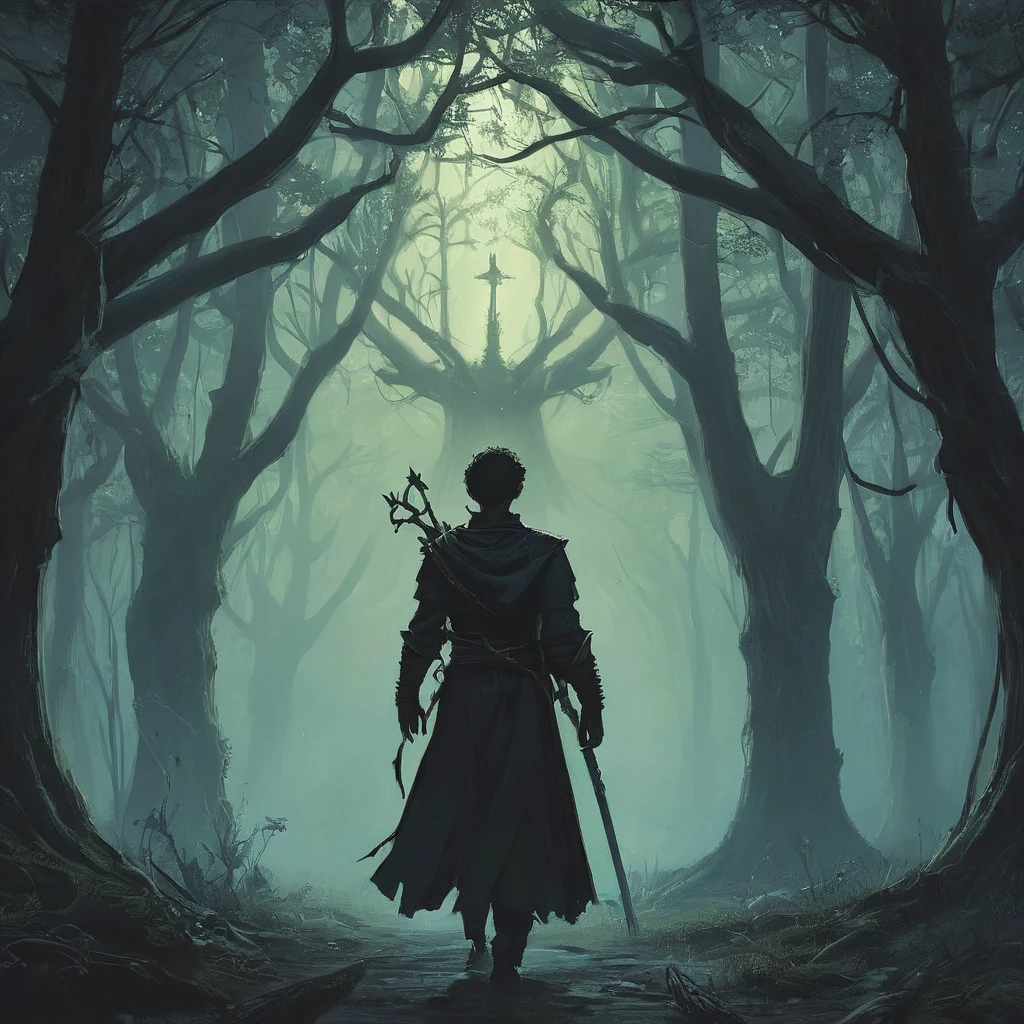 In the shadowed depths of the ancient forest, a teenage boy with short, curly brown hair stands with his back to us. Clad in a simple black medieval farmer's outfit, he seems out of place amidst the towering, twisted trees and the eerie, almost palpable darkness that envelopes the forest. His posture is tense yet determined, hinting at a resolve forged from hardship and survival. The dim light filtering through the dense canopy casts a ghostly glow on the path ahead, where unseen dangers and untold mysteries lie in wait. As he prepares to take his first step into the unknown, the air is thick with the whispers of ancient secrets and the promise of dark adventures yet to unfold."