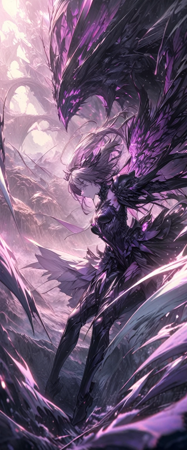 monochrome and pastel colors, best quality, super fine, 16k, incredibly absurdres, extremely detailed, 2.5D, delicate and dynamic depiction, beautiful fallen angel clad in purple pink and dark darkness, BREAK, beautiful pastel-colored landscape reminiscent of heaven, effect that mimics the struggle between opposing forces