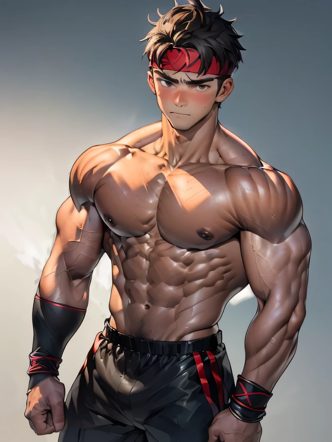 (Masterpiece, Best quality 18 year old boy, black background), ((((solo)))), Young, boy, muscler, Shirtless, topless, (Dark Short straight hair, ((almost completely shaved hair)), under cut, brown eyes), (red headband, ((leather fingerless grobe, black wristband))), ((hot Abs:1.2, big breast:1.2, upper arms, ((jacked muscle, beautiful musculature, aesthetic striations, inspirational physique, lean muscle, square pecs, beautiful v-taper, great abs and torso, chiseled abs, chiseled pecs, with his jet black military haircut and voluminous neck)))), Vivid colors, detailed face, detailed muscle, (((rippling muscles, struggle, combats, fighting, serious, ready to fight)))