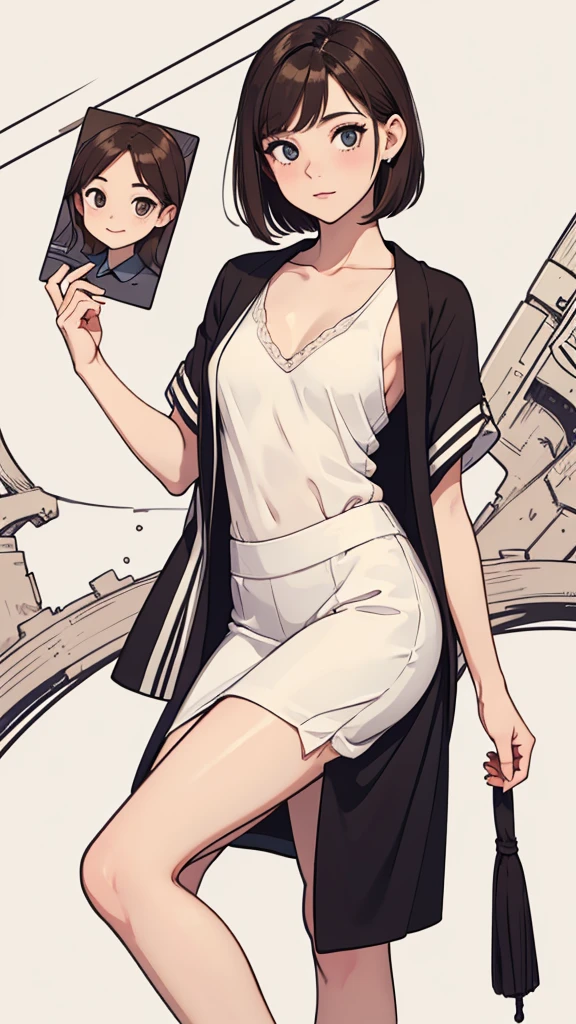 (((masterpiece, best quality, ultra highres, 1 girl, solo, no background))), super detailed skin and face and eyes and finger, beautiful japanese woman, small breasts:1.5, skinny, light brown hair, white background, very short pixie hair, (an illustration of girl), Knee shot, Generate with illustrations, Various expressions, Various poses, Various Costumes, Please draw the entire character within the frame, ensuring that the head, arms, and legs are not cut off. The background should be simple, with the character positioned centrally,