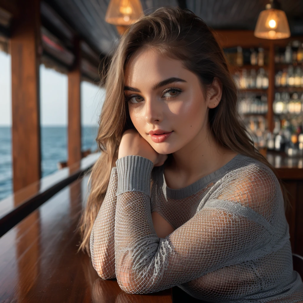 8k, best quality, realistic photos, realistic details, oral rape, clear face, delicate facial features, real skin shine, oral rape of a cute girl, shy, facing the camera, girl sitting in a bar in a gray fishnet sweater and tight panties, clear bar background, sea view, arms on bar counter, hips, slim body, big breasts, 24 years old, charming, seductive eyes