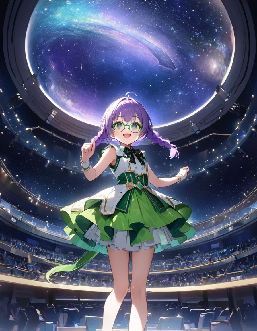 (8K, best quality, master piece: 1.2), super high resolution,1 idol,独奏,17yo,ultra-detailed face,detailed eyes,green eyes,(intelligent glasses),the girl is singing while standing in the center of the planetarium, where the seats are arranged in a circle<(((long fish-bone braid hair, pony-tail-style))), purple hair,happy, white and green idol costume,The costumes is decorated with black ribbons,Cowboy Shot,Stage Lighting,realistic and beautiful image of the inside of a planetarium, showcasing a dazzling display of stars and constellations on its dom,Dynamic Pose
