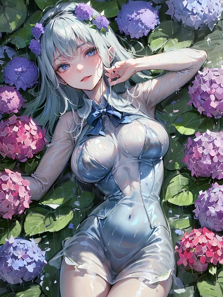 (High Resolution, Tabletop:1.2), Ultra Detailed, Portrait, Slime Girl, 18 years old, Covered in Blue Slime, of Light Blue Slime, (Partly Transparent), (Wet), (Blue Sweat), Blue liquid is dripping from her body. Her hair is also covered in blue slime. Blue slime is splattered all over, Blue Hair, Bangs, Long Hair, Blue Eyes, Big Breasts, Slender, Aroused, Lewd, Vulgar, Smiling, (((((Rain, Hydrangea Street, Forest Background, Nature))))), Cinematic Lighting, Cinematic Angle, Angle from Below, (((((Cowboy Shot))))), Sailor Suit