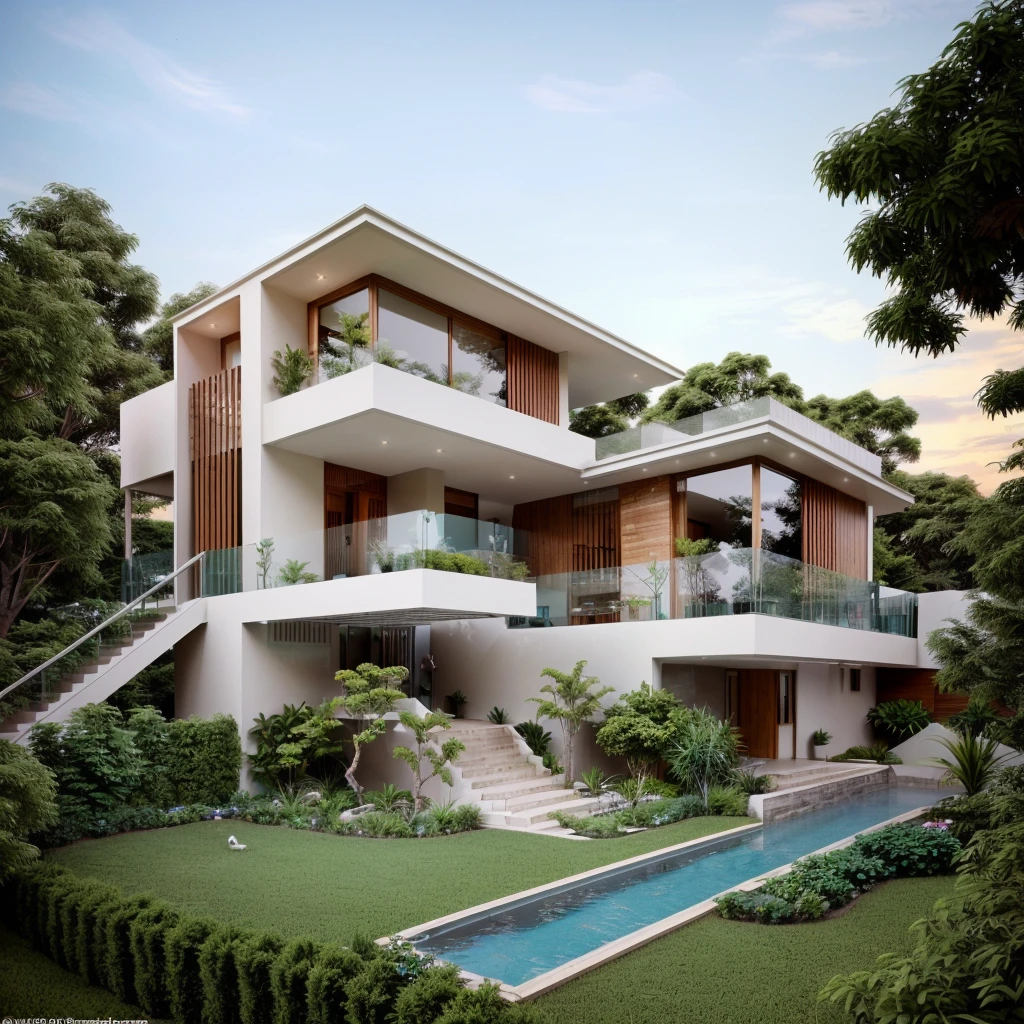 MODERN HOUSE is located on the upper hill, concrete, glass windows, wood ceiling, ((small swimming pool under the house)), ((big front yard)), outside stairs