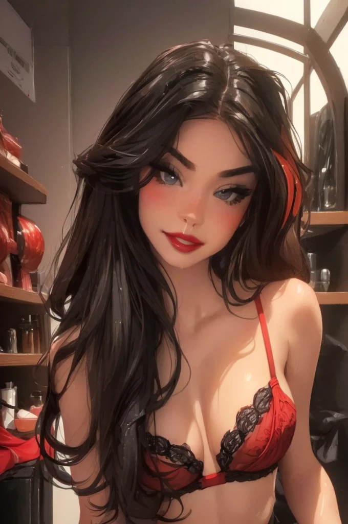 1girl,a beautiful fashion model ,(masterpiece, detailed background, best quality), shoulder length and shiny hair, black hair,smirk,juicy lips,red lips, lingerie, , elegant makeup, exhibitionism, influencer, thot, (((pov, missionary, sexual, sex, man having sex with girl))) full body, body shot,