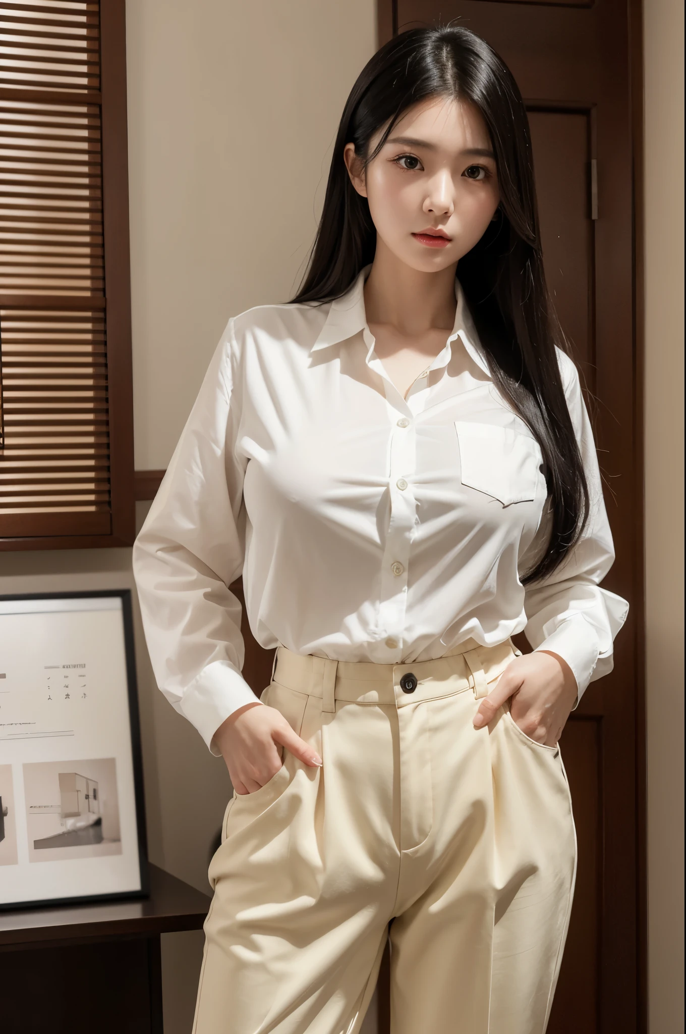 A young Japanese woman with big breasts and long straight black hair, wearing a white button-up shirt and khaki pants, standing in a room. Extremely detailed beautiful face, cinematic photo.