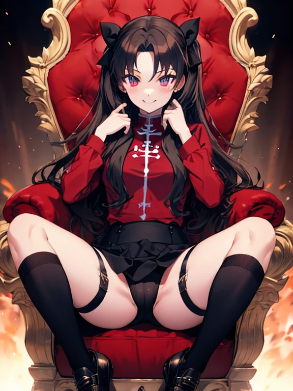 Throne of Power, Leg spread, (masterpiece), highest quality, Tohsaka Rin:1.5, Fearless smile, 1girl, uhd, retina, masterpiece, ccurate, anatomically correct, textured skin, super detail, high details, high quality, best quality, highres, 4K