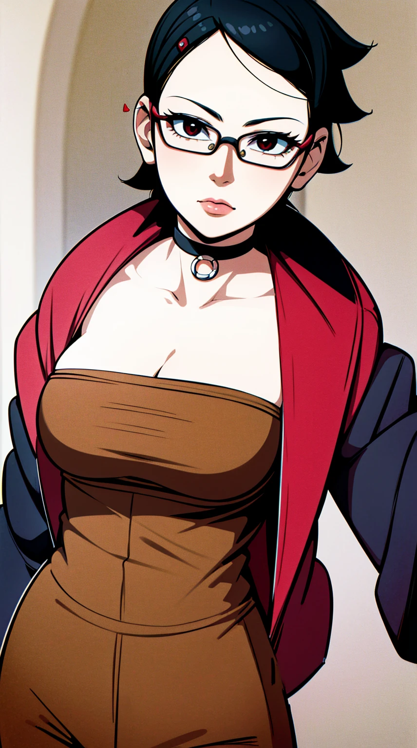 Uchiha Sarada, big breast, (highres,masterpiece:1.2),ultra-detailed,realistic,professional,beautiful detailed eyes,beautiful detailed lips,dark hair,short black hair,red glasses,stunning black eyes,clear skin,18-year-old girl,fashionable short hairstyle,vibrant red glasses,Shinobi Academy,fierce determination,confident posture,crimson outfit,intense gaze,background filled with ninjutsu techniques,shadows cleverly accentuating her features,subtle studio lighting,sublime realism,striking color tones