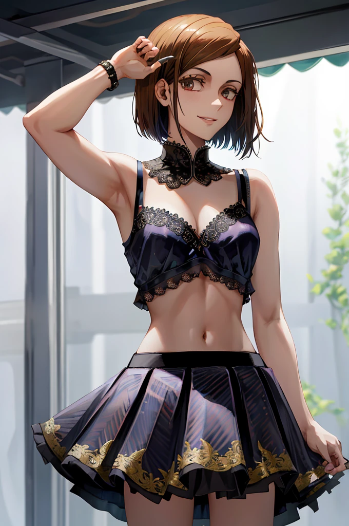 1girl, beautiful NobaraJK, bra, skirt, smile, navel, fancy bra with special pattern, nail_polish, stomach, black_skirt, midriff, pleated_skirt, volumetric lighting, best quality, masterpiece, intricate details, tonemapping, sharp focus, hyper detailed, trending on Artstation,