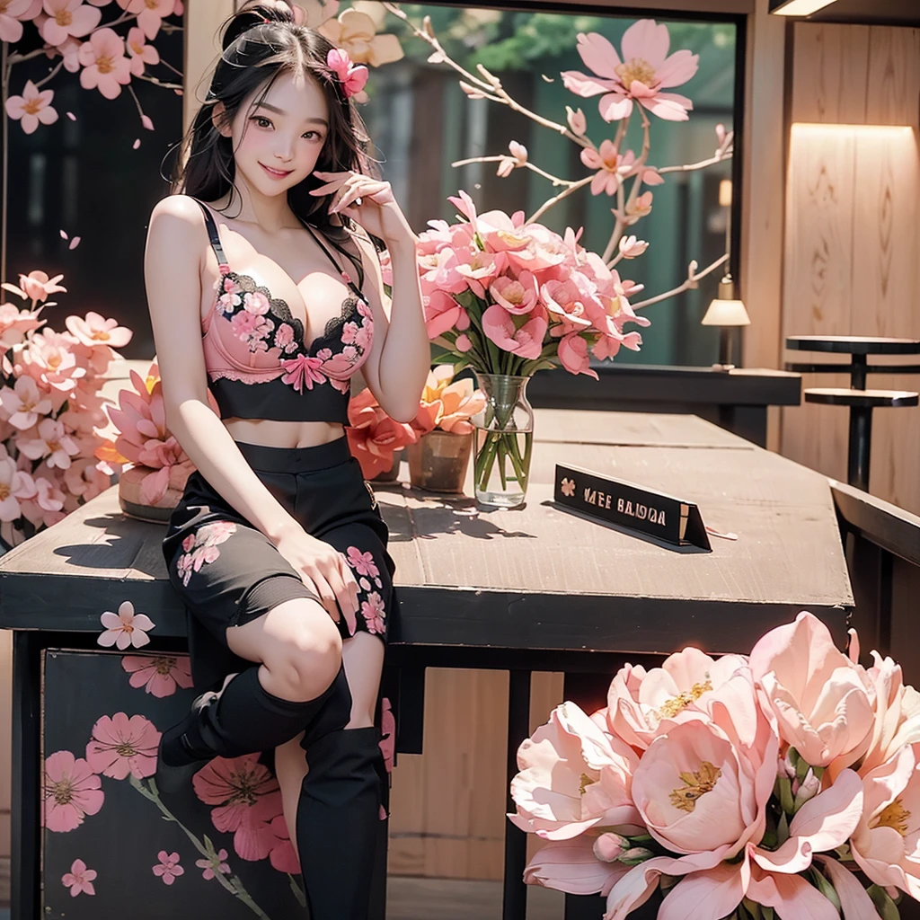 8K、RAW Photos、Highest quality、Super detailed、Super Resolution、Ultra HD、8K壁紙、Amazing details
((Full body photo))、Inside the Starbucks store、16 year old school girl in uniform、Eat cake、Drink coffee、(smile)((Emphasize cleavage))
((((A pink and black floral bra is visible.))))