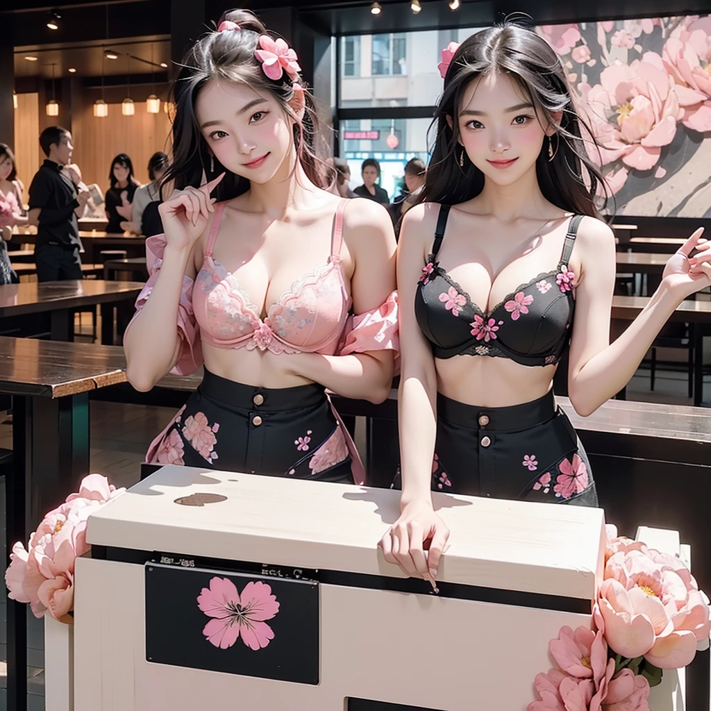 8K、RAW Photos、Highest quality、Super detailed、Super Resolution、Ultra HD、8K壁紙、Amazing details
((Full body photo))、Inside the Starbucks store、 girl in uniform、Eat cake、Drink coffee、(smile)((Emphasize cleavage))
((((A pink and black floral bra is visible.))))
