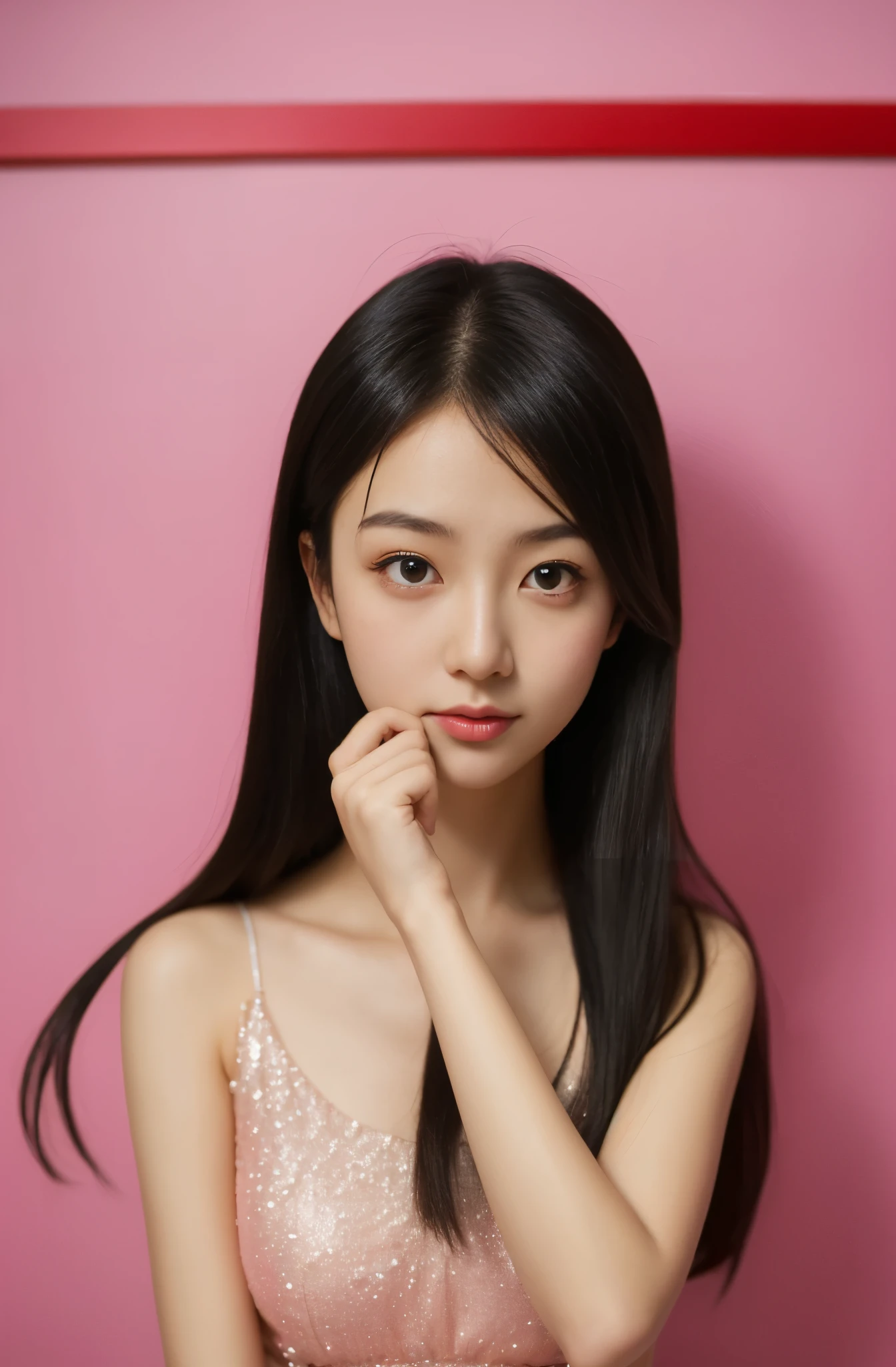 purikura style,(highest quality, 8K, masterpiece :1.3)), Beautiful Japanese girl in her early s、Sentai heroine's pink costume、Being captured by the enemy、Glaring at the enemy
