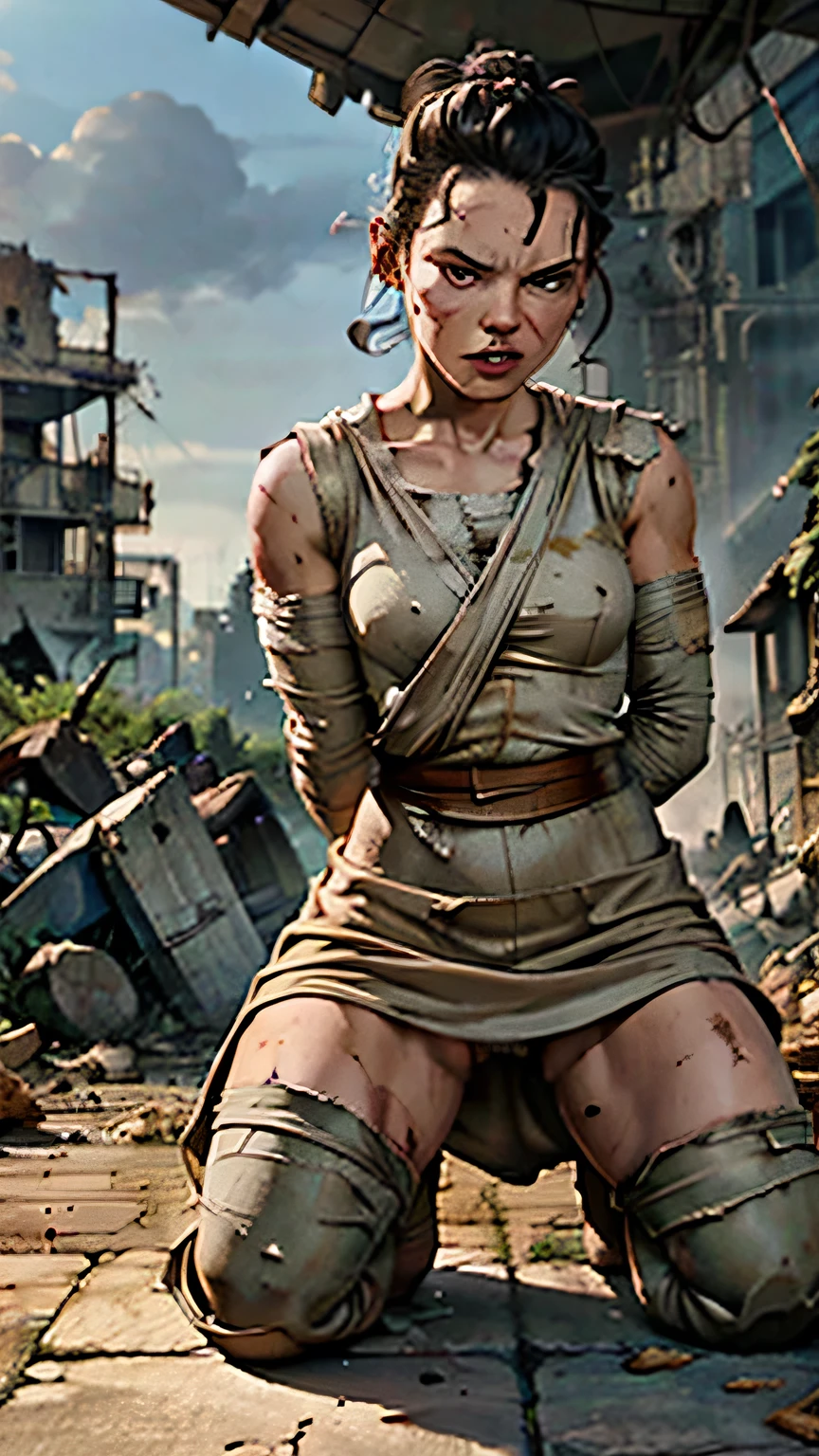 "Kneeling in the rubble of a destroyed building, Rey's shoulders slump in defeat. Blood trickles from a cut on her forehead, and her clothes are torn and dirty, reflecting the intensity of her recent fight."