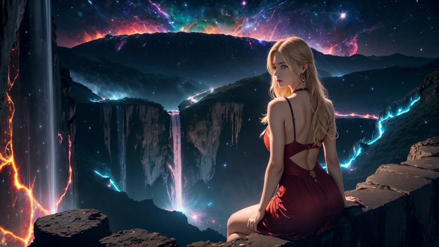 In an 8k resolution photo, a stunning (Russian girl) with a perfect physique, blonde hair flowing down her back like a river of gold and piercing blue eyes takes center stage at the edge of a huge waterfalls overlooking the valley. Her features are accentuated by bright red lipstick and large gold hoop earrings. Round bangs frame her face as she sits confidently (facing the camera:1.3). She wears an elegant short red dress that shows off her perfect body. The high-angle shot captures the grandeur of the majestic waterfall's peak, with the woman situated at its edge, overlooking a breathtaking valley. The deep view expands to reveal a fusion of lush (jungle), (waterfalls), river, (volcano) and lava flow amidst the darkness, as if the very forces of nature have converged in this mystical realm in (the dark night:1.8) and (beautiful supernova and galaxy in the sky:1.5).