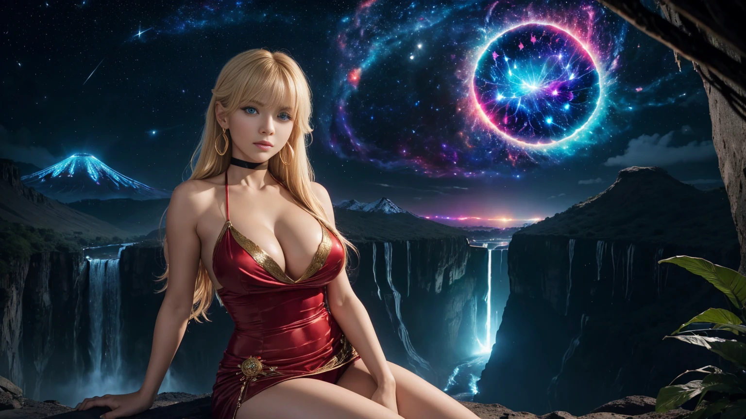 In an 8k resolution photo, a stunning (Russian girl) with a perfect physique, blonde hair flowing down her back like a river of gold and piercing blue eyes takes center stage at the edge of a huge waterfalls overlooking the valley. Her features are accentuated by bright red lipstick and large gold hoop earrings. Round bangs frame her face as she sits confidently (facing the camera:1.3). She wears an elegant short red dress that shows off her perfect body. The high-angle shot captures the grandeur of the majestic waterfall's peak, with the woman situated at its edge, overlooking a breathtaking valley. The deep view expands to reveal a fusion of lush (jungle), (waterfalls), river, (volcano) and lava flow amidst the darkness, as if the very forces of nature have converged in this mystical realm in (the dark night:1.8) and (beautiful supernova and galaxy in the sky:1.5).