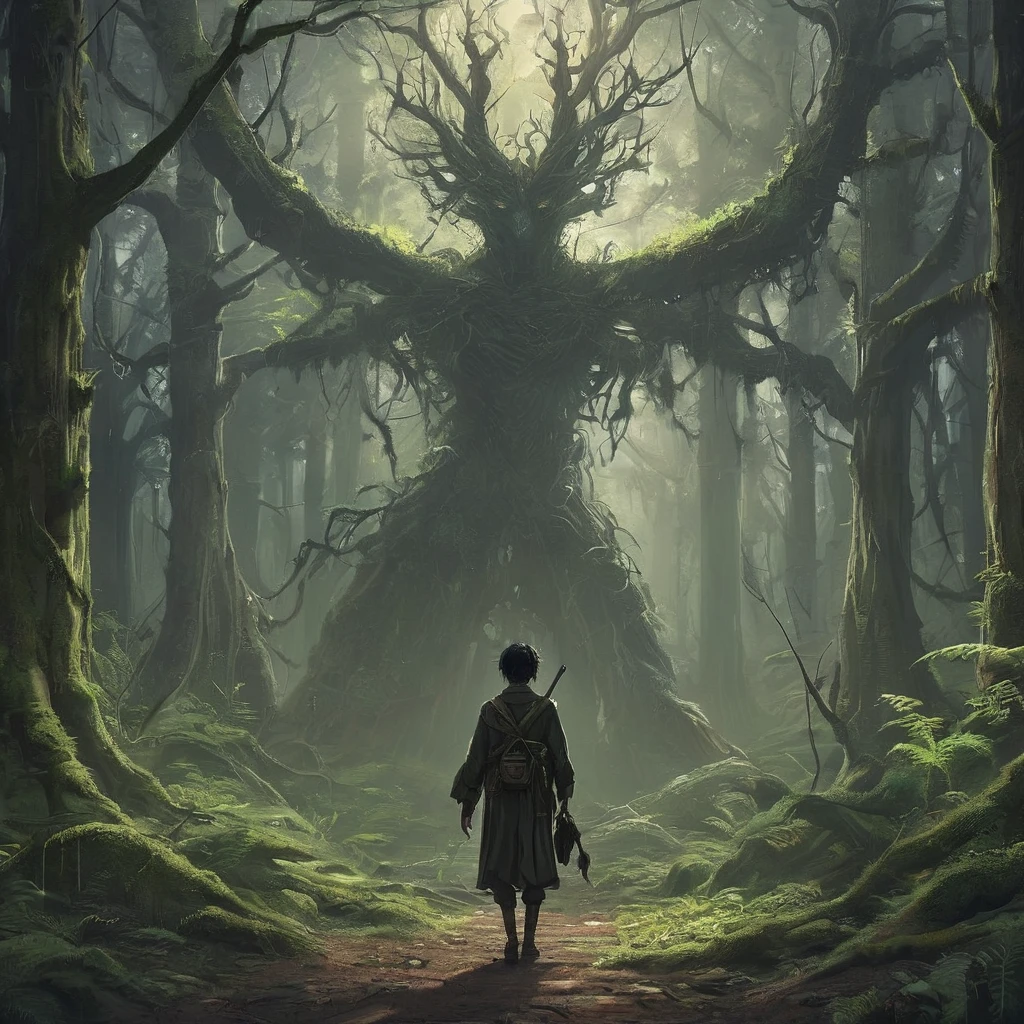 Under the canopy of ancient, twisted trees, a young male teenager with short black hair stands at the edge of a foreboding forest. His simple brown farmer's outfit, worn and patched, contrasts sharply with the shadowy, mystical ambiance of the woods.
From the back, he appears to be contemplating the path before him, the dim light of the setting sun casting long shadows around him. The forest ahead is thick with gnarled roots and whispering leaves, alive with the unseen presence of mythical creatures and hidden dangers.
In his hand, he clutches a worn leather satchel, a symbol of his humble beginnings and the simple life he left behind. As he steps forward, the forest seems to close in, the air growing colder and filled with the faint sounds of distant howls and rustling underbrush.
What secrets lie ahead on the path he has chosen? What trials will he face in the heart of the dark, enchanted forest? This is the beginning of his journey, one that will test his courage, resolve, and the very essence of his character.