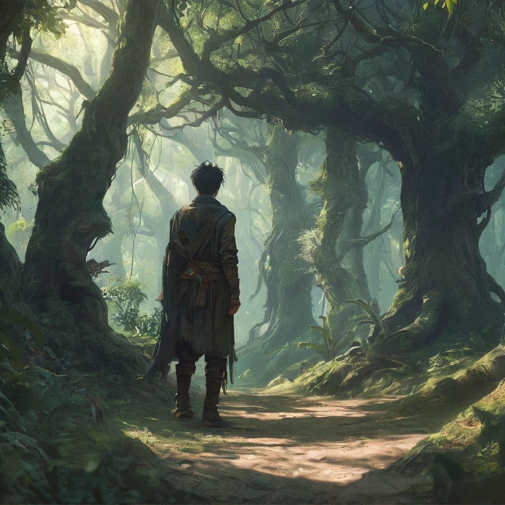 Under the canopy of ancient, twisted trees, a young male teenager with short black hair stands at the edge of a foreboding forest. His simple brown farmer's outfit, worn and patched, contrasts sharply with the shadowy, mystical ambiance of the woods.

From the back, he appears to be contemplating the path before him, the dim light of the setting sun casting long shadows around him. The forest ahead is thick with gnarled roots and whispering leaves, alive with the unseen presence of mythical creatures and hidden dangers.

In his hand, he clutches a worn leather satchel, a symbol of his humble beginnings and the simple life he left behind. As he steps forward, the forest seems to close in, the air growing colder and filled with the faint sounds of distant howls and rustling underbrush.

What secrets lie ahead on the path he has chosen? What trials will he face in the heart of the dark, enchanted forest? This is the beginning of his journey, one that will test his courage, resolve, and the very essence of his character.